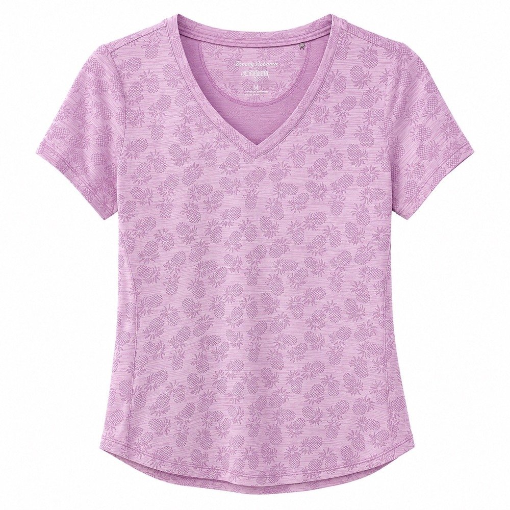 Tommy Bahama IslandZone Womens Small Purple Pineapple Print V-Neck T-Shirt Top